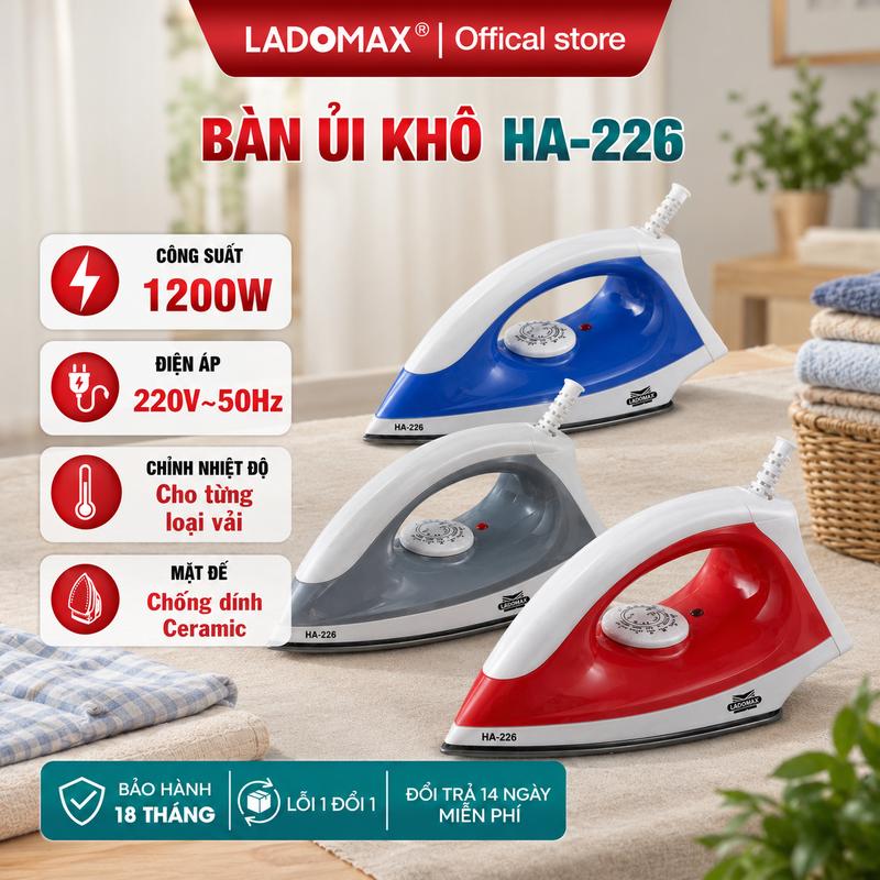 LADOMAX – Bàn Ủi Khô HA-226, Tay Cầm Nhựa Tiện Lợi, Mặt Đế Hợp Kim Nhôm Phủ Teflon, 4 Chế Độ Cài Đặt, Dây Điện Xoay 360 Độ, Tự Ngắt An Toàn Khi Quá Nhiệt