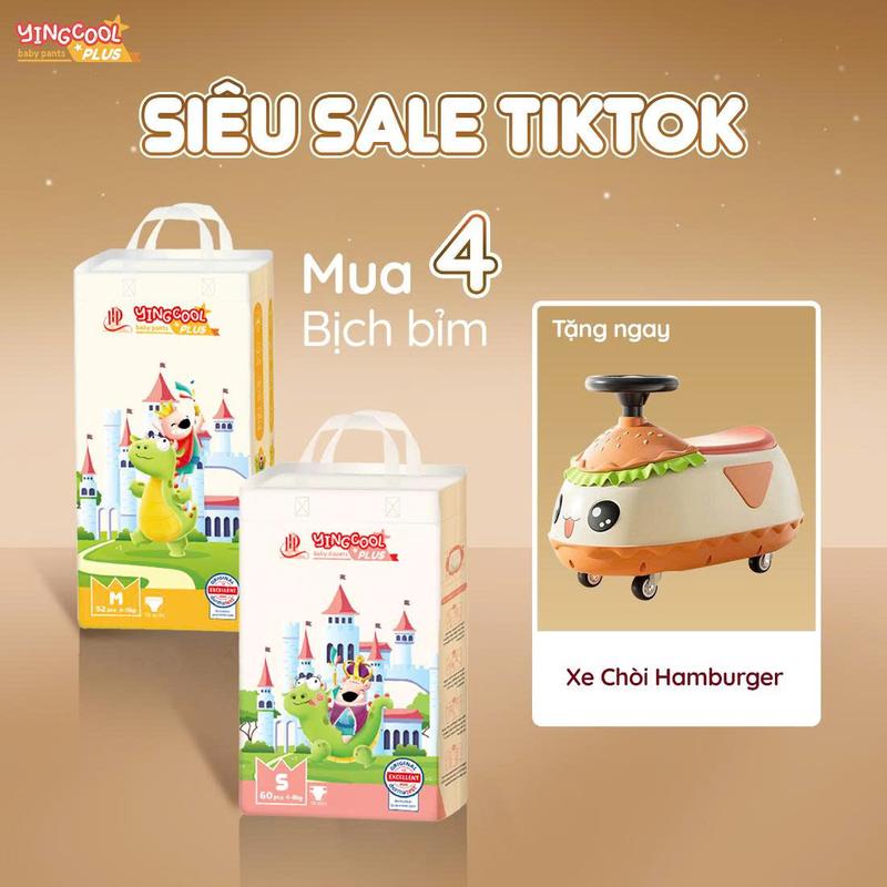    Tặng Xe Chòi Chân Hamburger - Combo 4b   Bỉm YINGCOOL PLUS Size NB66 SD60 MD54 MQ52 L48 XL44 XXL42 XXXL40 