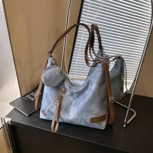 Tas Selempang dan Ransel 2-in-1 untuk Wanita Tas Ransel Kulit Gaya Denim Berkapasitas Besar dengan Dompet Koin Gratis Tas Selempang Serbaguna untuk Berangkat Kerja atau Sekolah