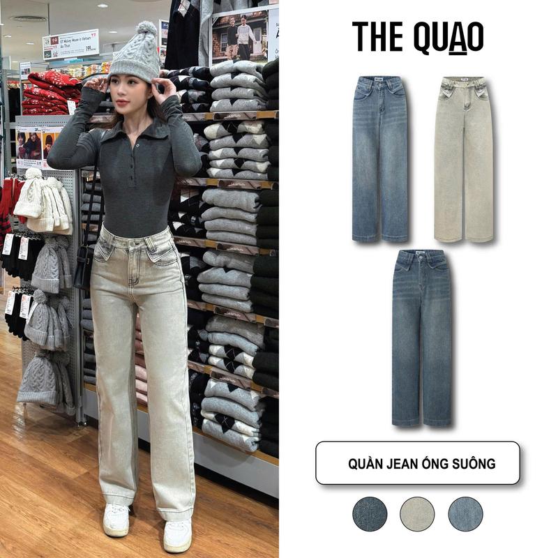 THE QUẠO - Quần Jeans Nữ Lưng Cao Ống Rộng 24CM-25CM Xanh Đậm Phủ Bụi Rêu S0107_709