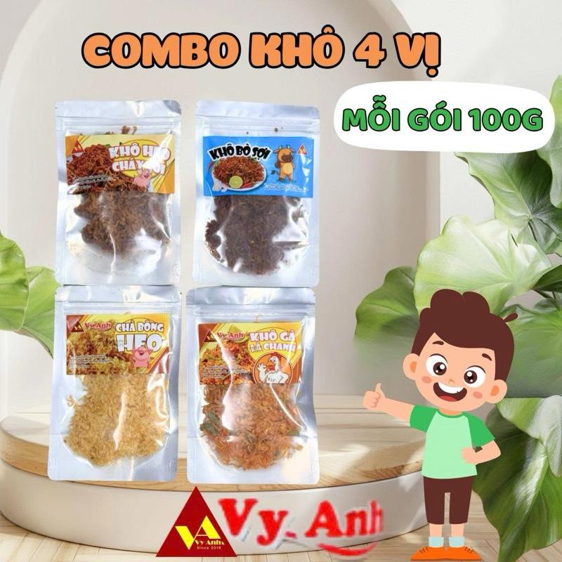 VY ANH [COMBO 4 TÚI KHÔ HOT ] 100gr Chà Bông Sợi , 100gr Khô gà lá chanh , 100gr Bò Sợi , 100gr Khô Heo cháy tỏi thơm ngon , snack ,