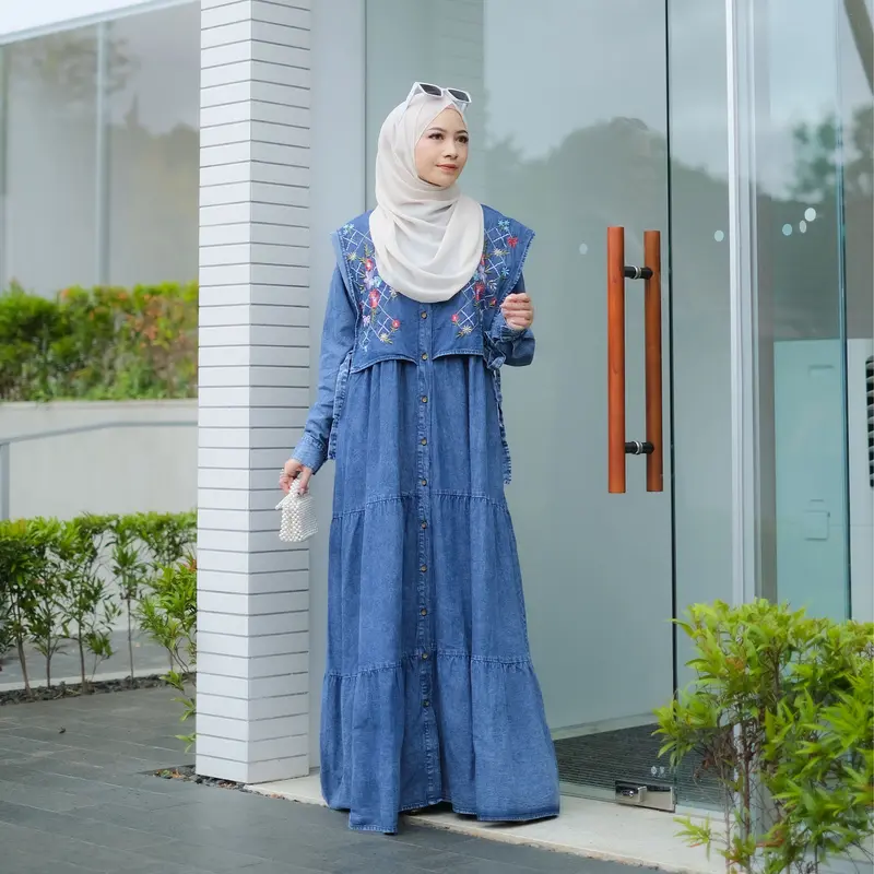 SALMA DRESS Gamis Lebaran Terbaru 2025 Bahan Jeans Premium Import Busui Friendly Bordir Muslim Panjang Wanita Motif Nyaman Maxi Fit 0