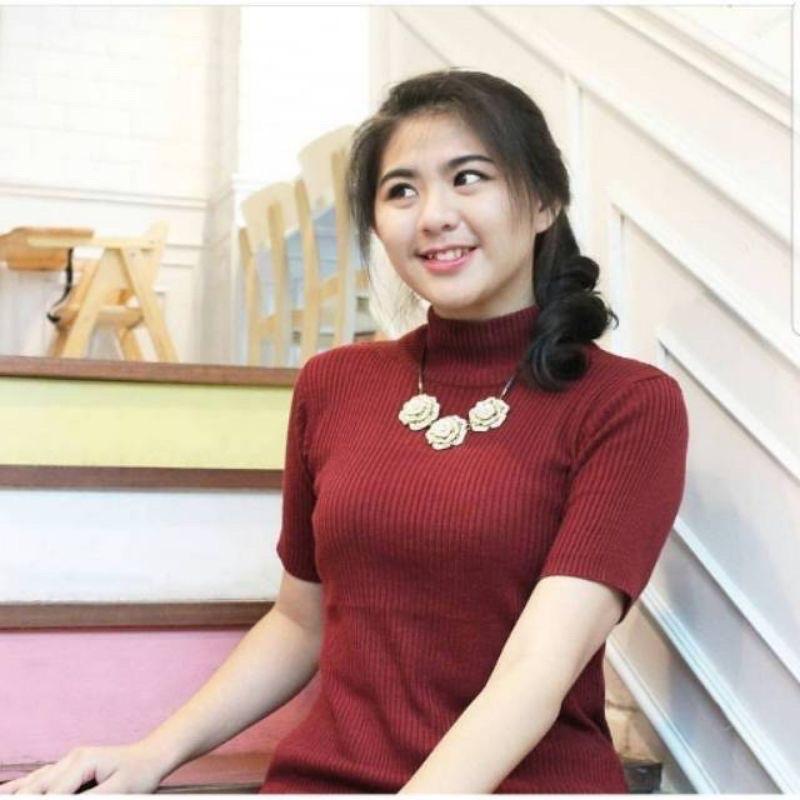 Atasan Rajut Wanita Turtleneck - Kerah Tinggi Lengan Pendek - Kaos Turtleneck Rib Tangan pendek 4