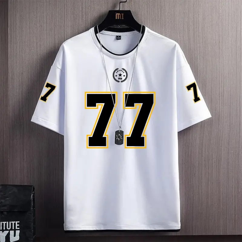 T-shirt Distro Number 77 Hitam - Putih - Abu-abu Oversize Pria Dan Wanita Dewasa Baju Cotton Combed 24s High Premium Kaos Lengan Pendek Size M L XL XXL 3