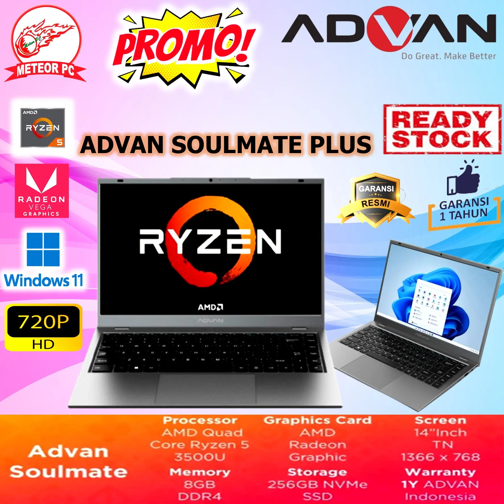 Laptop Advan Soulmate Plus Ryzen 5 3500U ram 8/16GB SSD 256GB NVMe W11 14"HD Resmi
