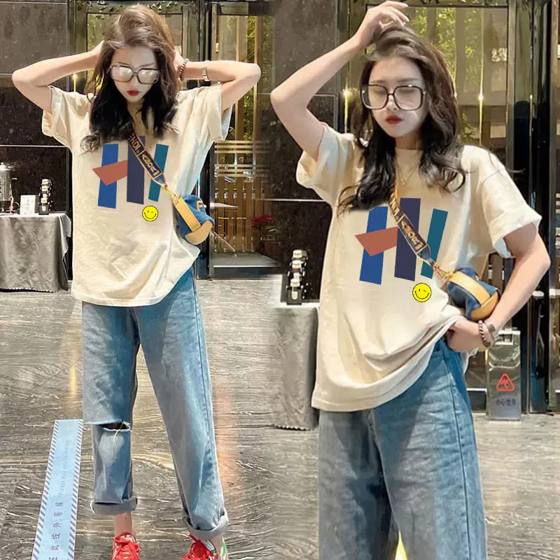 Áo Thun Cotton Ngắn Tay, Dành Cho Nữ, Ngoại Cỡ, Dáng Rộng Vừa Vặn, In Hình, Dài Trung Bình Mùa Hè 2023 Hàng Mới Về, Áo Nữ