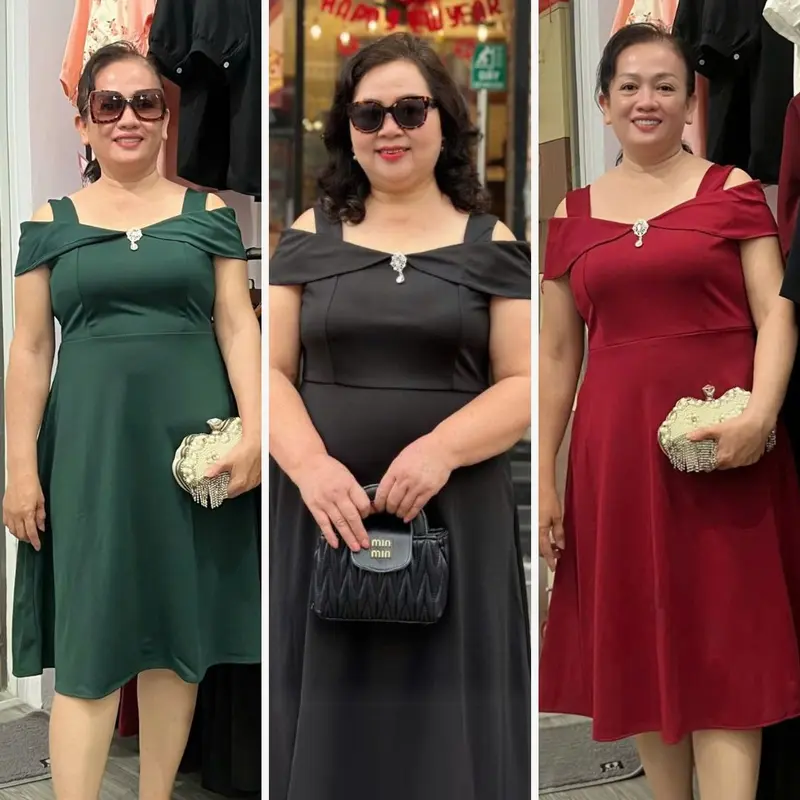 [CG047] Đầm thiết kế đi tiệc cao cấp Ads sang trọng thanh lịch, đầm xòe trễ vai MIA CG047 nhẹ nhàng thích hợp cho đám cưới đi event kiểu dáng basic cổ điển MCGIN Nữ Women Dress Tre Cotton Thun đầm  bigsize dự đầm  đỏ váy  đen 7