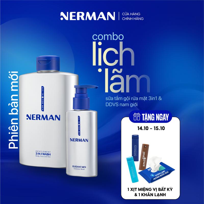 [Mua 1 tặng 2] Combo lịch lãm Nerman - Sữa tắm gội cho nam 350ml & DDVS nam giới 100ml [tặng 1 xịt miệng vị bất kỳ & 1 khăn lạnh]