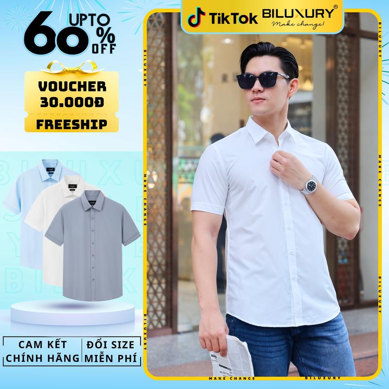 [SALE TRONG THÁNG] Áo Sơ Mi BILUXURY Nam Ngắn Tay 9SMCB548 Không Túi Chất Vải Kháng Khuẩn Chống Nhăn, Thoáng Mát Menswear Shirt Có Cổ