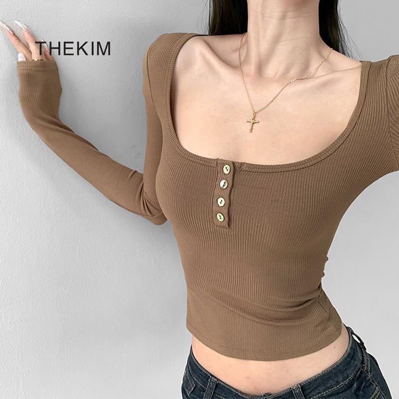 THEKIM Áo thun dài tay cổ U cúc ngực áo thun croptop nữ tăm lạnh T312