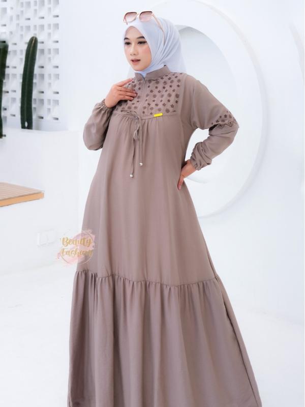 Gamis Bordir Wanita LYLYA Mat Polo Linen Premium Terbaru Busui Friendly Dress Motif Model Kekinian 6
