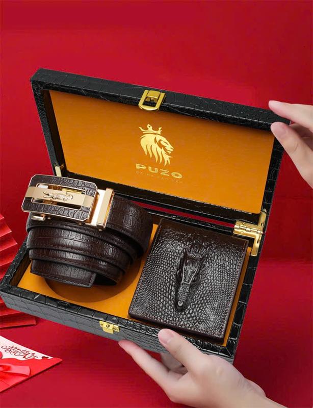 Combo Thắt Lưng & Ví Nam PUZO Họa Tiết Dập Vân Khóa Tự Động Hợp Kim Không Rỉ Không Bong Tróc