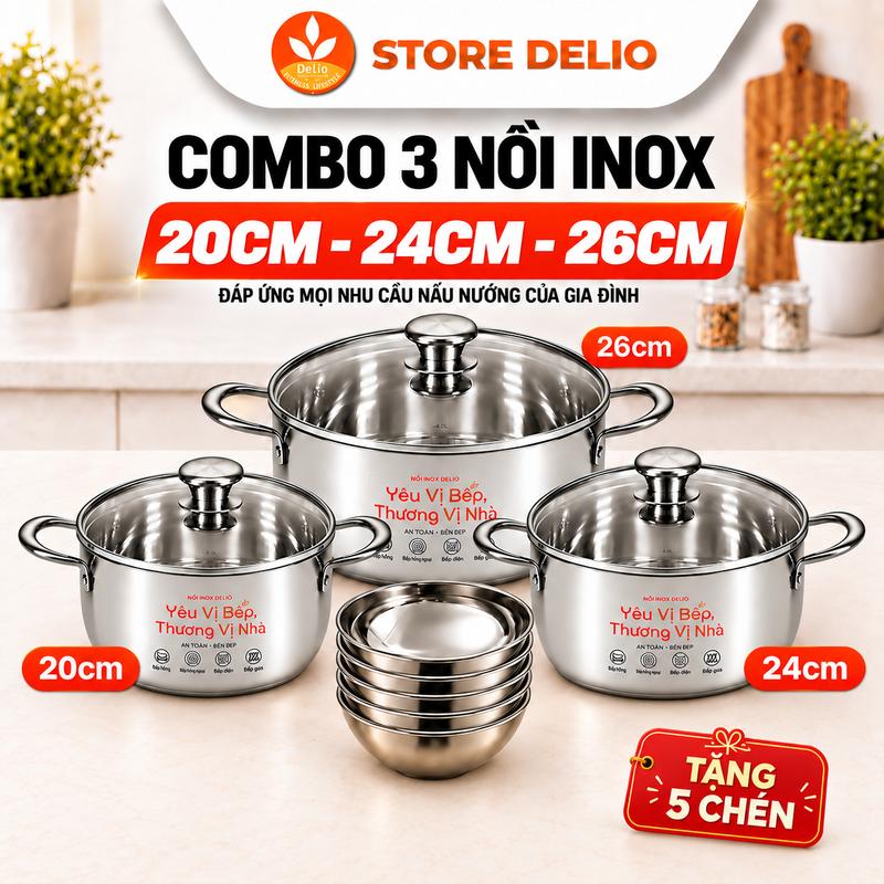 Combo 3 Nồi Inox Delio 20cm 24cm 26cm Có Nắp Kính – Dùng Được Nhiều Loại Bếp, Tiện Dụng Cho Gia Đình