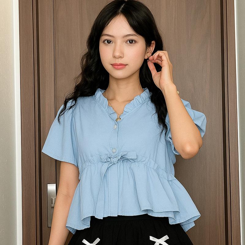 Áo babydoll cổ V bèo thiết kế tay bồng peonyb - Thun sơ mi kiểu hotgirl phối nơ cộc tay phong cách hàn quốc oversize bigsize nữ