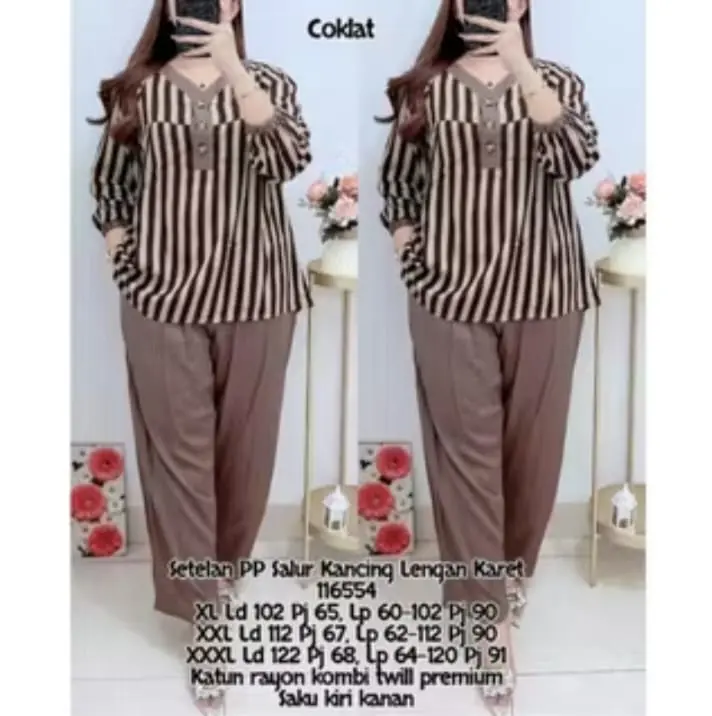 Setelan Wanita Motif Salur Terbaru Bahan Adem Halus Jumbo Busui Katun Garis Celana Nyaman - Kancing, Panjang Lembut