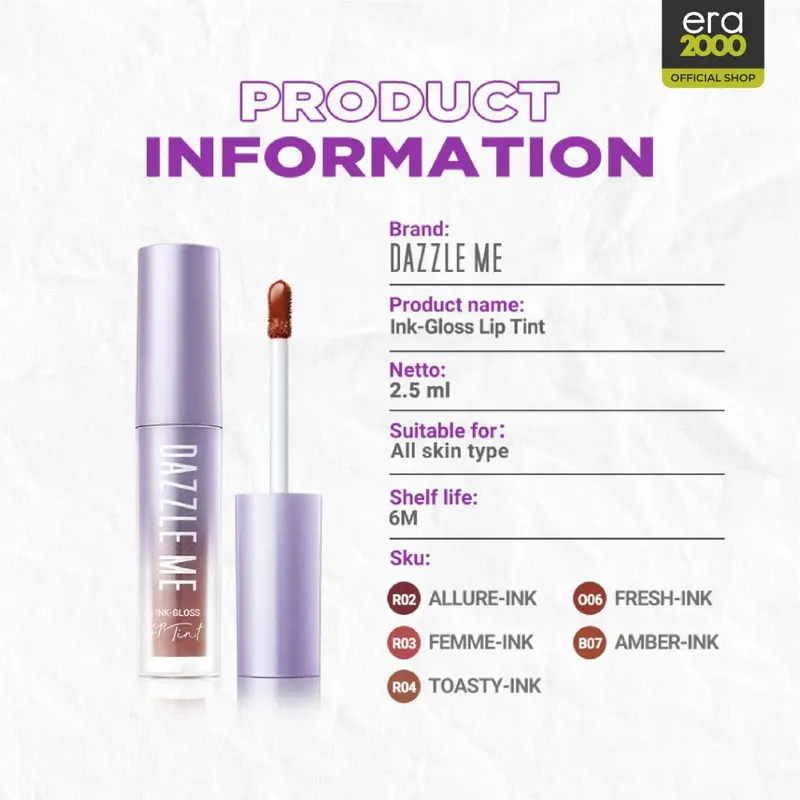 DAZZLE ME Ink-Gloss Lip Tint Watery Ink Gel Lip Tint Long Lasting Tahan 12 Jam Hydrating Glossy Finish 1