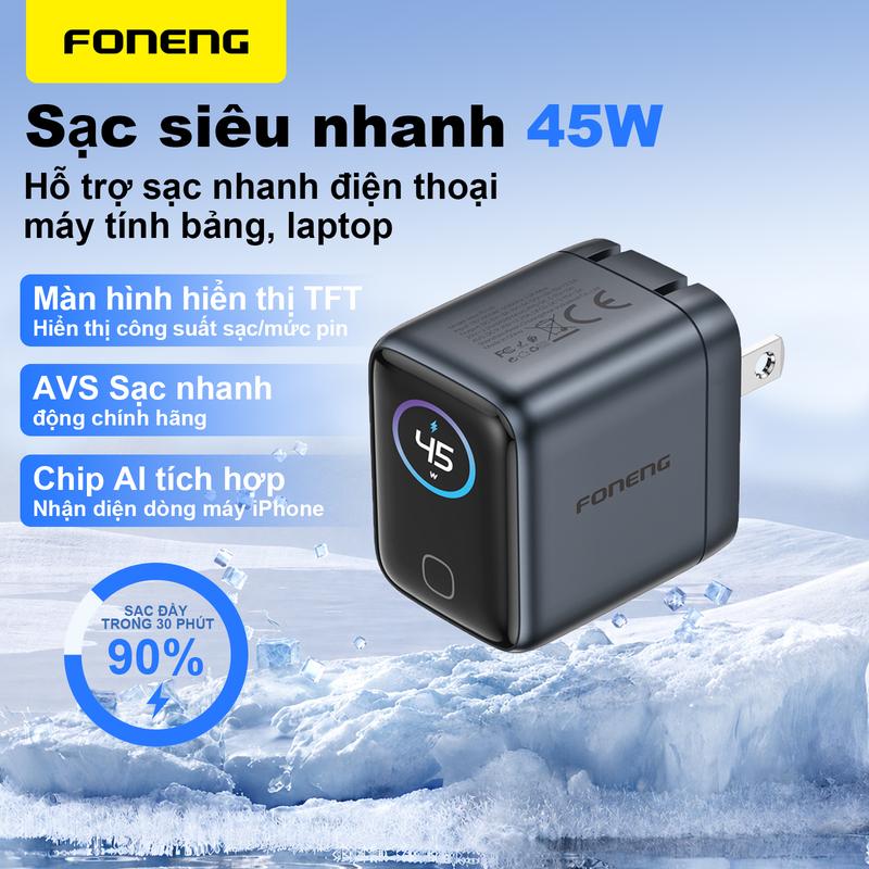 Sạc siêu nhanh 45W; màn hình TFT hiển thị công suất sạc theo thời gian thực; nhận diện mẫu thiết bị dựa trên trí tuệ nhân tạo (AI); tương thích với tất cả các điện thoại thông minh, máy tính bảng, đồng hồ thông minh và laptop phổ biến.