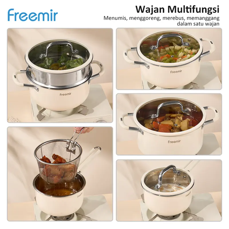 [LIVE] freemir Set Wajan Stainless 304 & 201 Food Grade Anti Karat BONUS KOMPOR LISTRIK 9 Pcs Beige 22/20/20/16/15cm Wajan Anti Lengket Alat Masak Penggorengan Lengkap Masak Gulai Kitchenware 4