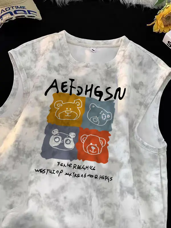 Rompi tanpa lengan gaya Amerika motif tie-dye, unisex, trendi, serbaguna, bahu lebar, rompi longgar musim panas terbaru, rompi gaya pria dan wanita.