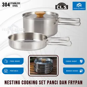 Nesting Cooking Set Peralatan Masak Camping Hiking Panci 1,7 L Fry Pan 0,7 L Plus Storage Mesh Bag Stainless nesting  camping