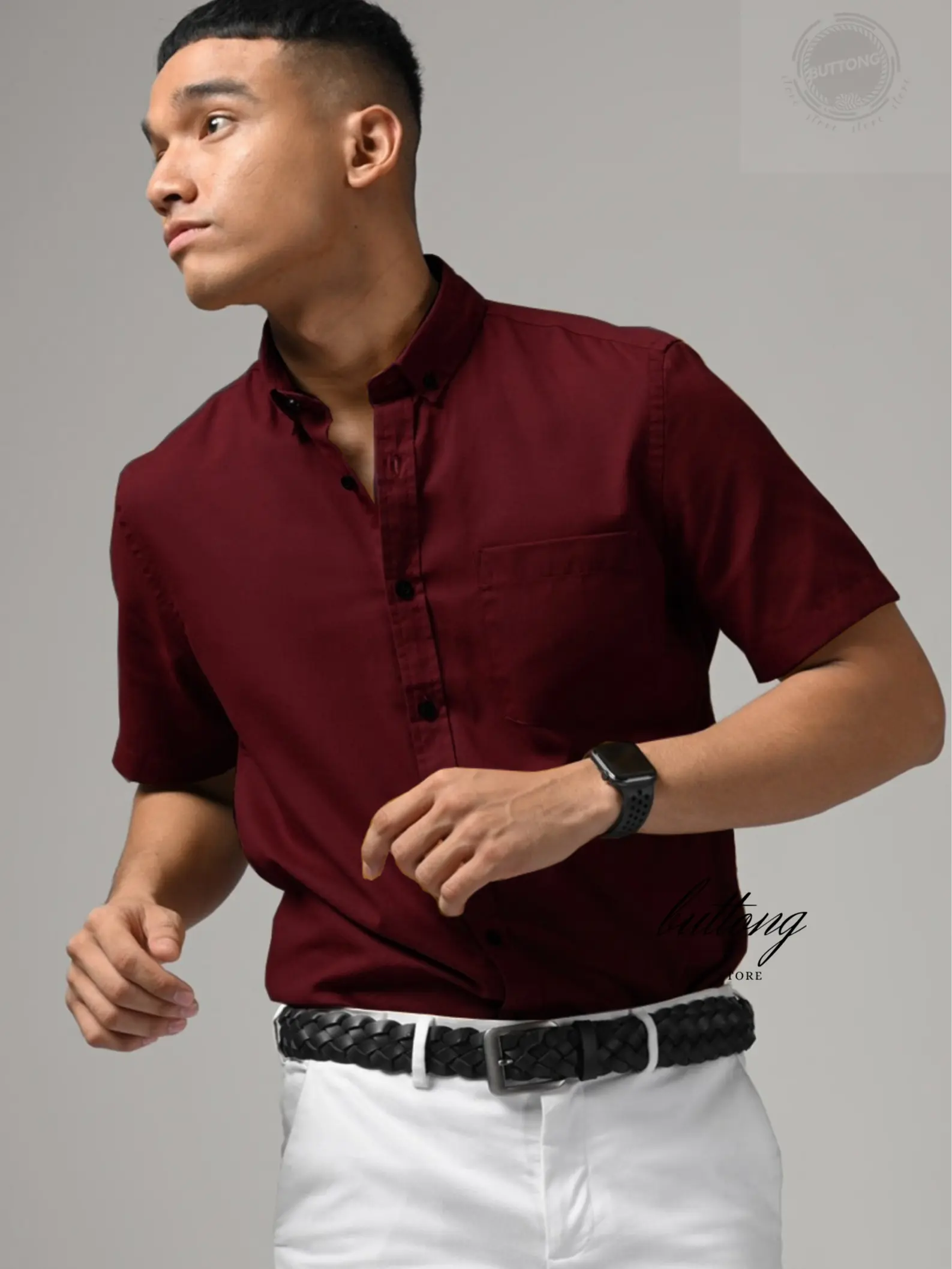 Kemeja Lengan Pendek Pria Casual Warna MERAH MAROON - M/L/XL Cotton Rami - Polos, Pria Cuci Dingin White Formal