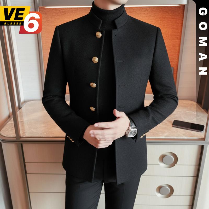 VE6 - Áo Khoác Blazer Dạ Nam Dáng Ngắn Vest Kiểu Cổ Trụ Chất Liệu 2 Lớp Dày Dặn Lót Gió Lụa Phong Cách Hàn Quốc Tay Suông Thẳng 2 Túi Hông Ngoài