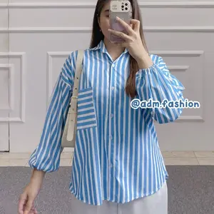 Kemeja Salur Basic LD 110 Lengan Karet Bahan Katun Atasan Wanita