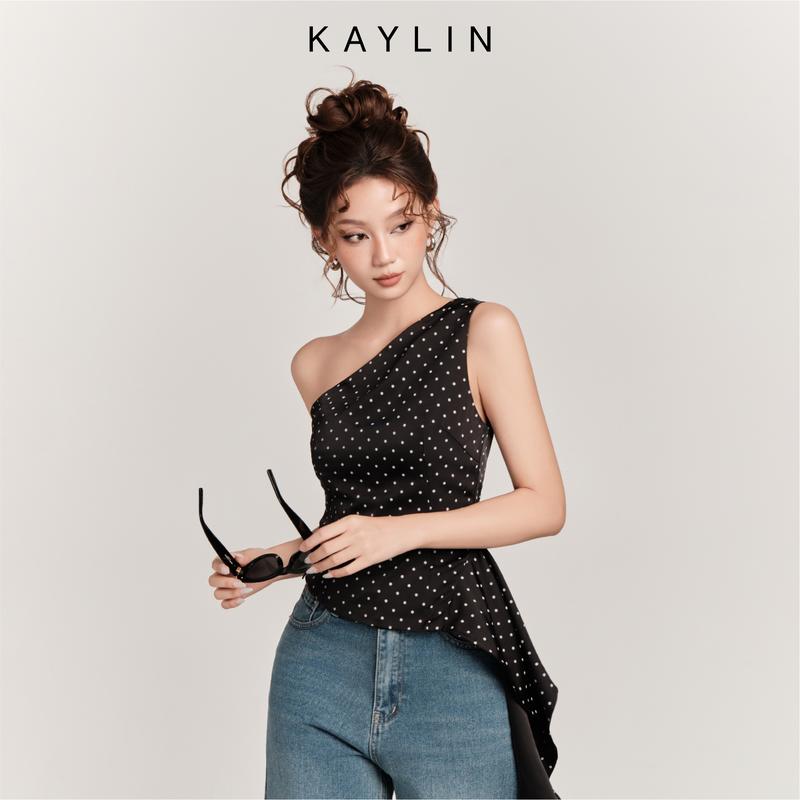 Áo Nữ Kiểu Lệch Vai Vạt Chéo Tua Rua Lụa KAYLIN RIVA chất vải lụa chấm bi phong cách cá tính hè - A13T5 Women Shirt