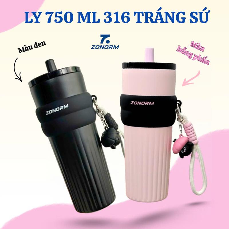 Ly giữ nhiệt ZONORM 750ml Inox 316 ruột tráng sứ, nắp nhựa Tritan, màu sắc ombre - tặng kèm móc khóa treo cute