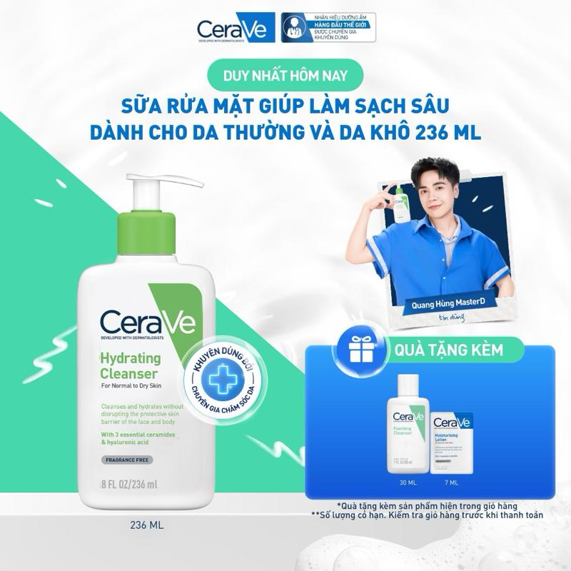 Sữa rửa mặt giúp làm sạch sâu dành cho da thường và da khô Cerave Hydrating Cleanser 236ML dạng gel không tạo bọt làm sạch sâu dịu nhẹ và cung cấp độ ẩm cho da. Chăm sóc da_Sữa rửa mặt_Skincare cho Nam và Nữ_Cleansing