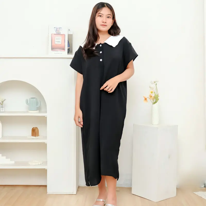 RIISH DAILY Hanara Longdress Korean Style Daster Kerah Kancing Aktif Busui Bumil Remaja Friendly CEY  Crinkle Panjang Pleated Nightdresses Wanita Casual daster  hitam   daster daster kerah v daster remaja Rempel Rayon Daster Premium Wanita 4