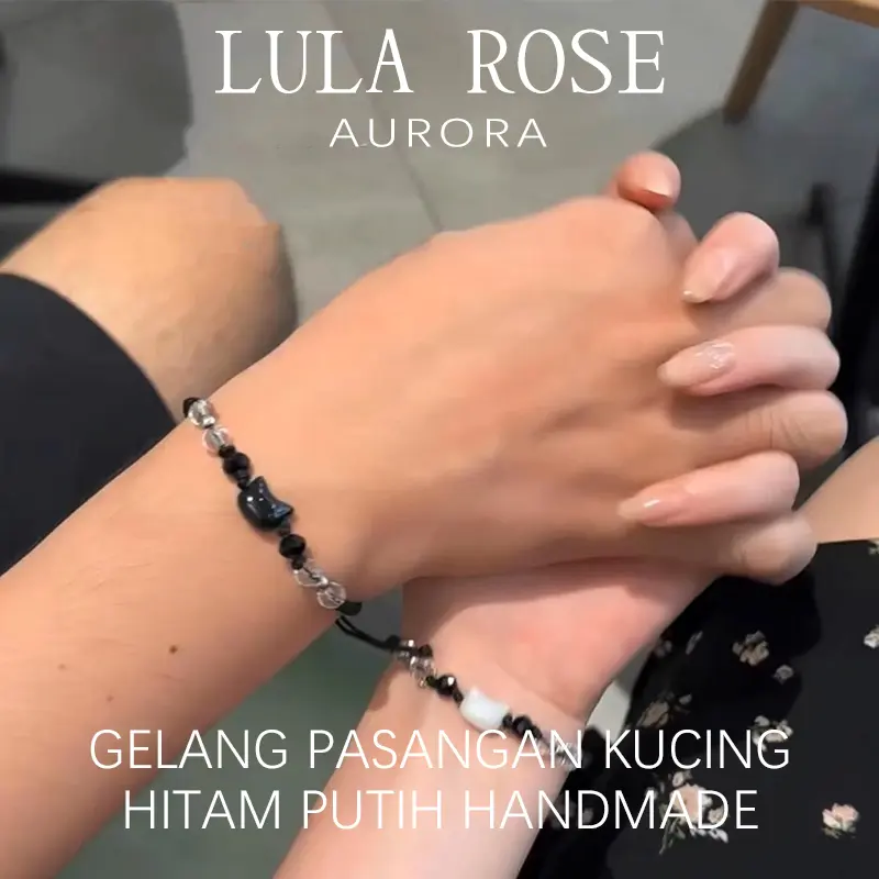 LULA ROSE Gelang Couple Kucing Hitam Putih | Tali Rajut Adjustable | Hadiah Pasangan Lucu 0