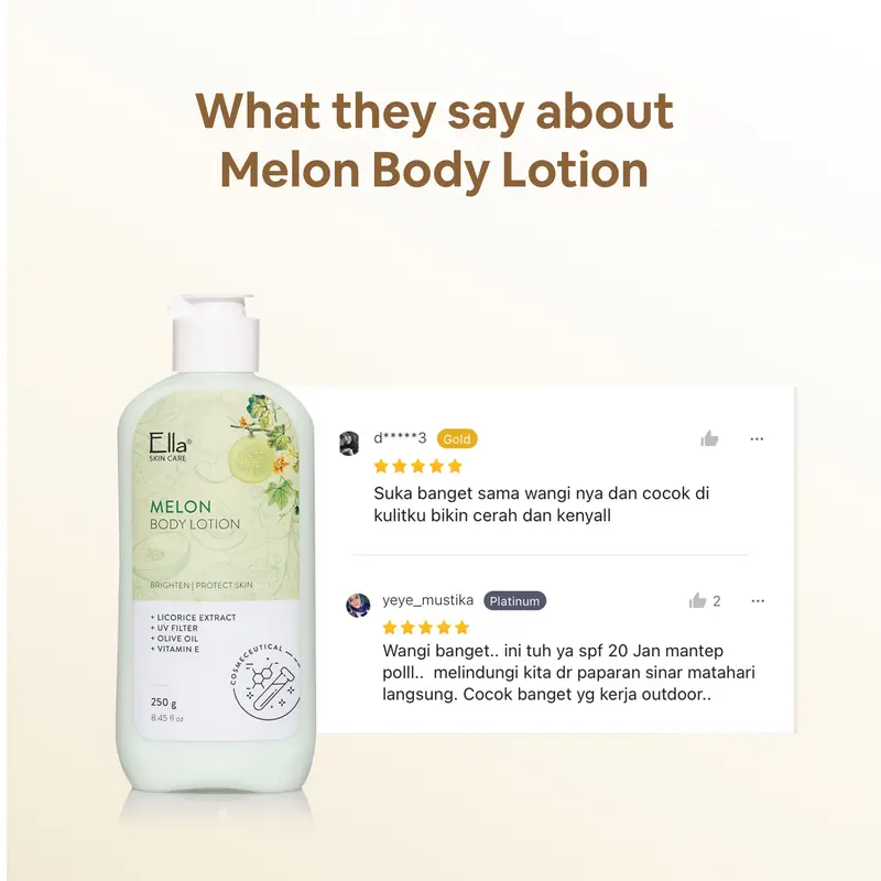 Ella Skincare Whitening Body Lotion MELON With Licorice Extract - Mencerahkan Tubuh & Terlindung Dari Paparan Sinar UV 3