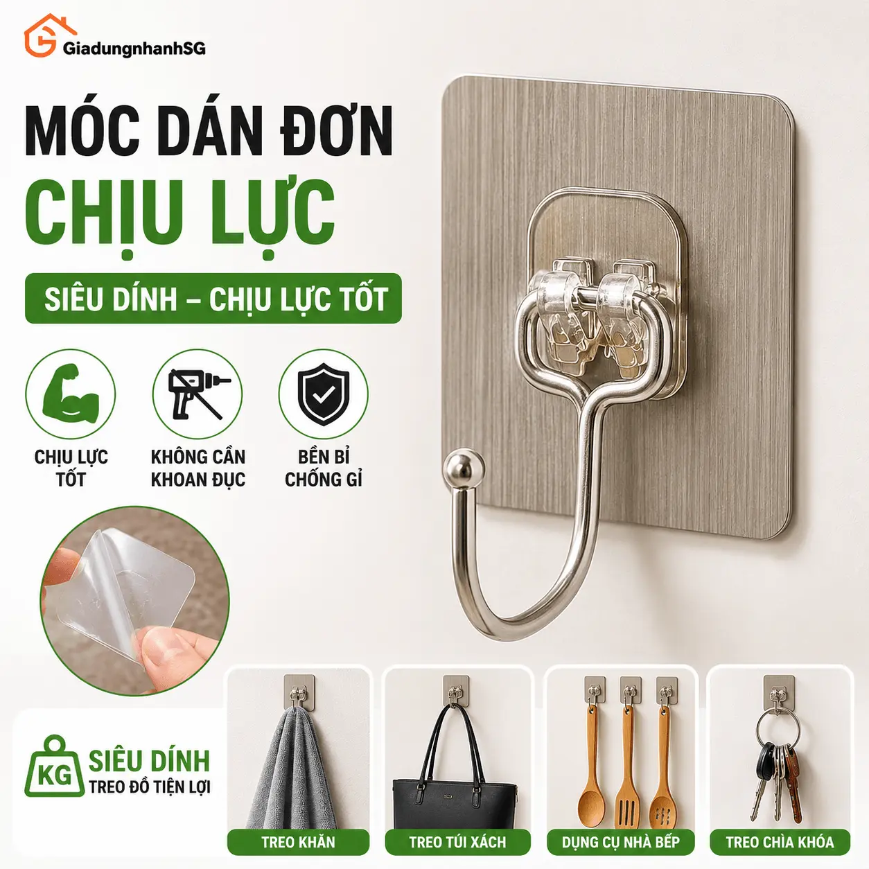 [COMBO 10 - 50] Móc Dán Tường Siêu Dính Chịu Lực, Chống Rỉ Sét Kích Thước 6x6 cm Treo Đồ Quần Áo Tiện Ích