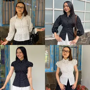 Bling It On - Milly Polka Shirt - Kemeja Shirt Panjang Pendek Polkadot Dots Wanita Feminim Fitted Top Baju Atasan Casual Basic Kerah