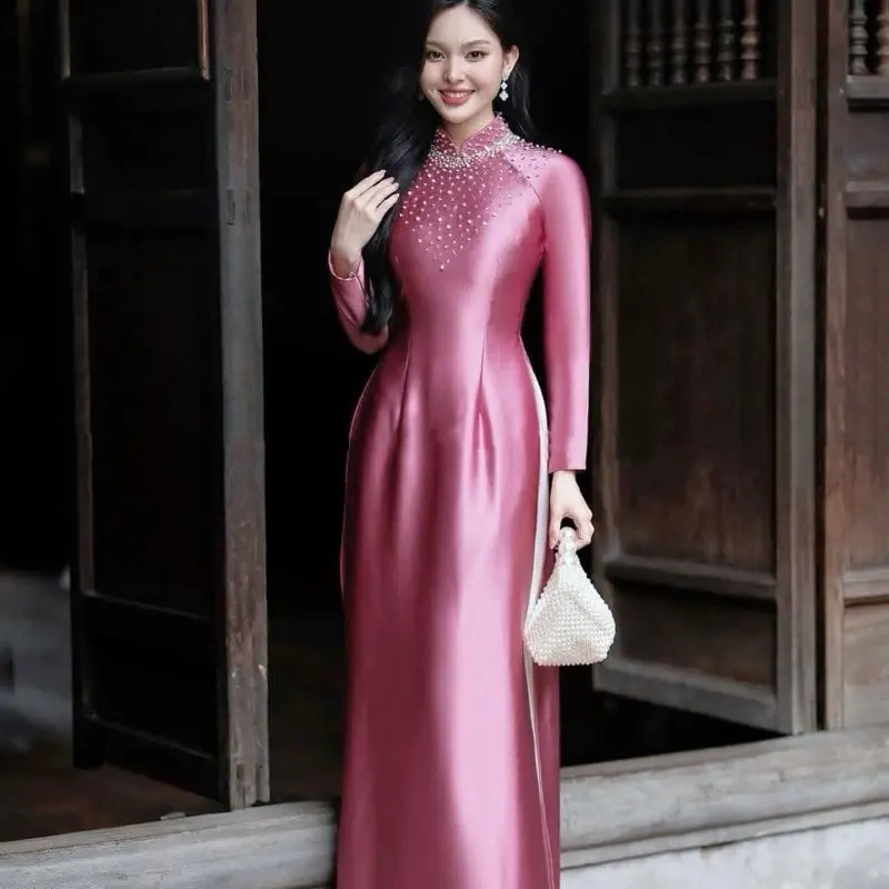 Áo Dài Truyền Thống Tay Dài Đính Đá Lụa Ruby Cao Cấp – Mẫu Sang Trọng Cho Dự Tiệc, Cưới Hỏi – Mieso Store