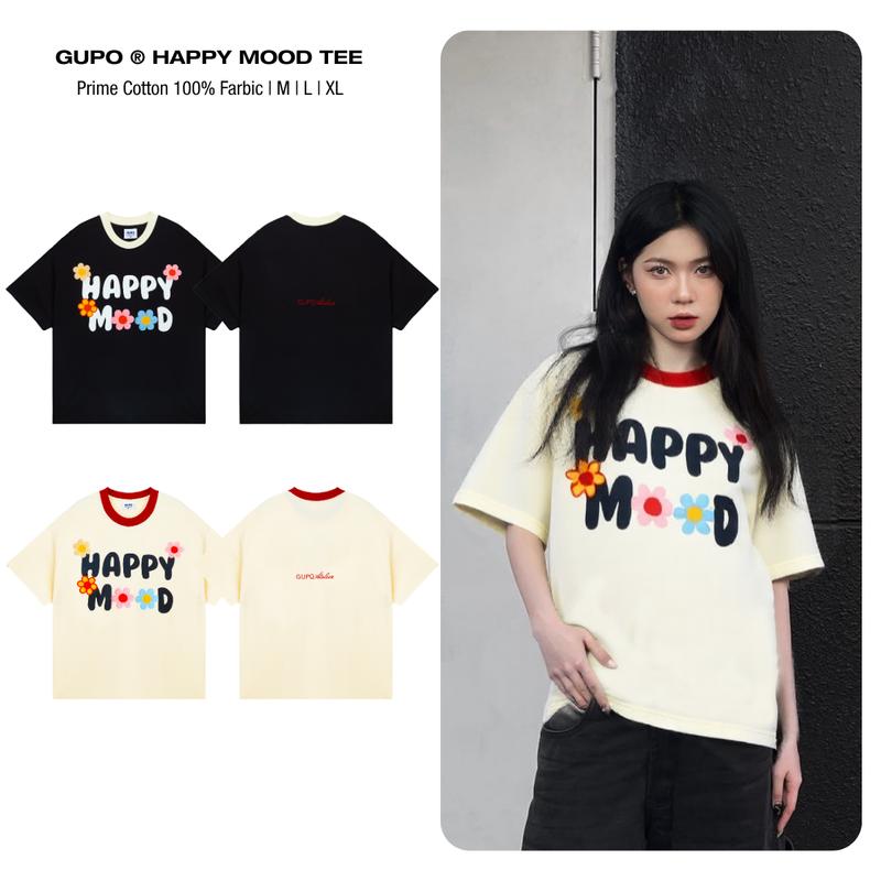 Áo Thun Boxy 280GSM Thêu Hoa HAPPY MOOD Form Rộng GUPO Unisex Local Brand Nam Nữ - HPF01
