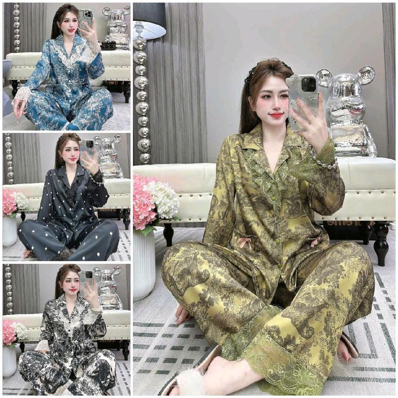 (40-60kg) Bộ Ngủ Phối Ren Chất Lụa Latin Tơ Tằm Chất Vải Mềm Mịn Mát; Áo Nút Bọc Dễ Thương 2 màu  Nữ Kem Women đồbộ mặc