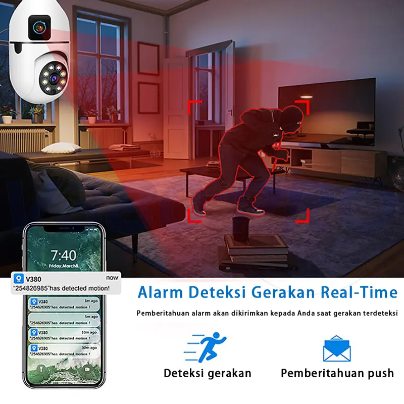 V380 Pro Kamera CCTV Bohlam Lensa Ganda Jarak Jauh 1080P WiFi Wireless CCTV Camera Night Vision PTZ 4
