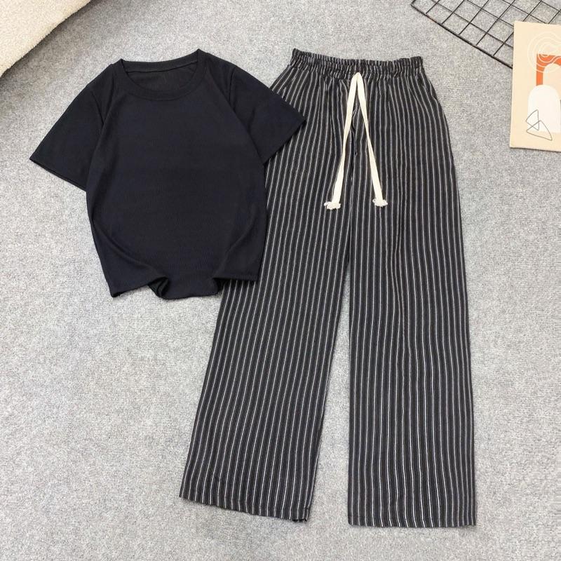 ĐỒ BỘ BIGSIZE BASIC , vải áo thun tăm lạnh co giãn phối quần kẻ sọc thô mềm phom đơn giản cho nữ chubby từ (50-92kg) q560/g244 ĐỒ BỘ