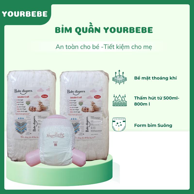 Combo Bỉm quần YOURBEBE 100 miếng cho bé form suông , size M- 3XL, Hút 500ml, hàng loại 1.
