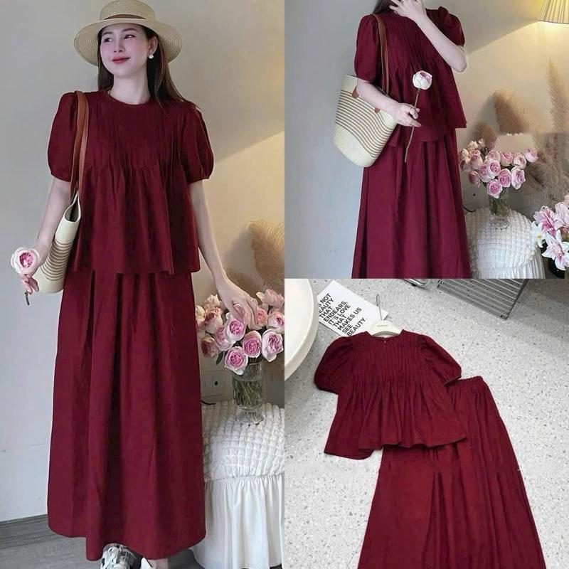  Kim Clothing - Set linen áo xếp li dáng baby doll tay bồng + chân váy dài xoè thun sau 