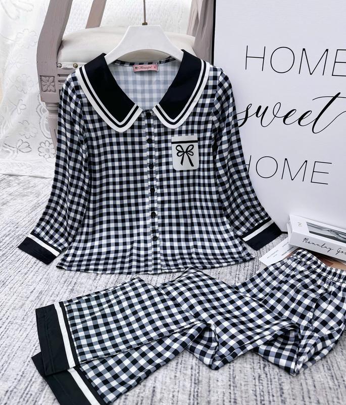  Đồ Bộ Nữ Mặc Nhà Y832A Lụa satin tay dài ĐEN kẻ caro túi nơ cổ sen 