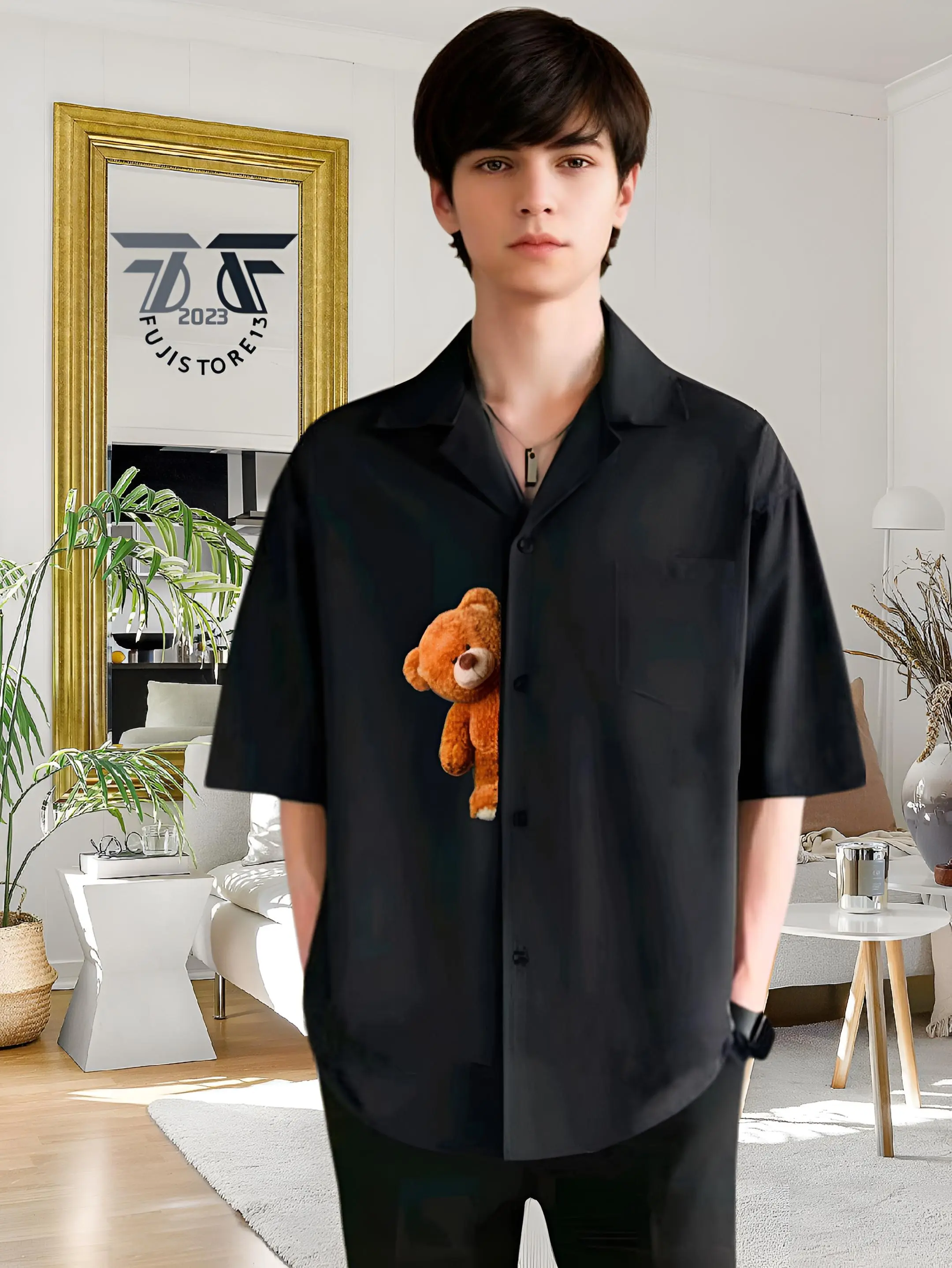Kemeja Vintage Pria Lengan Pendek Kemeja Pria Polos Motif Bear Korean Style - Kemeja Kerah Piyama Nyaman Keren Santai Simpel
