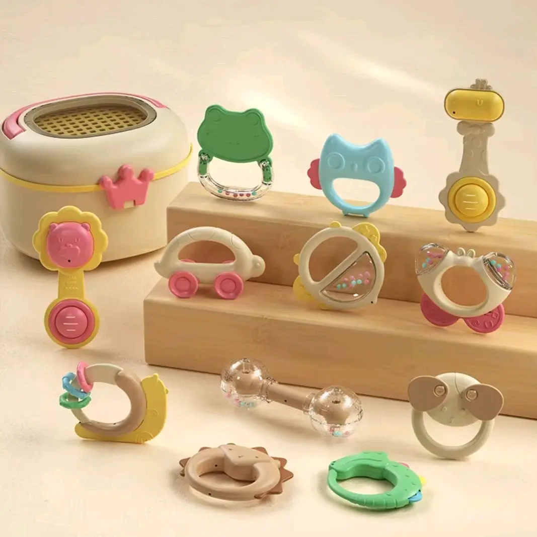 12pcs Baby Rattle Handbell Teether Newborn Baby Gift Set with Drain Basket