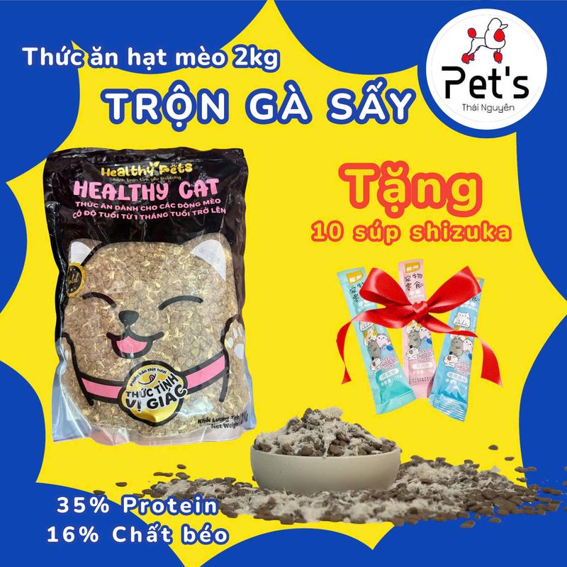 Trộn Gà Sấy Healthy Cat - Thức ăn mix ruốc 2kg cho mèo trên 1 tháng tuổi bổ sung đầy đủ vitamin & khoáng chất hương vị hấp dẫn Tặng 10 Súp Shizuka