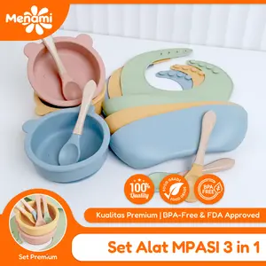 [ Menami ] Paket Alat Makan Bayi Menami Karakter Beruang Lucu - Set Mangkok Sendok Bib Silikon MPASI Anti Tumpah & BPA Free - Aman Microwave & Kukus