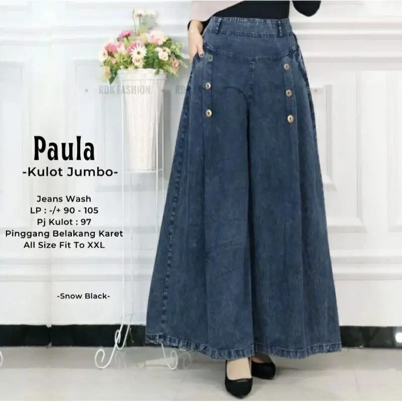 Celana Kulot Paula Jumbo Snow Palazzo Jeans dengan Tali Gesper dan Pinggang Karet - Nyaman Denim Wanita Panjang Dewasa Rawis Cewek 0
