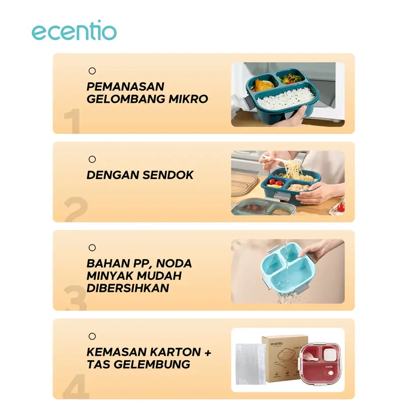 【2pcs】【BPA FREE】ecentio  lunch box settempat bekal makan kotak bekal anti tumpah 3 grid 1100ml Kotak makan wadah bekal anti tumpah kotak sup 100ml Free Sendok Kitchenware 3