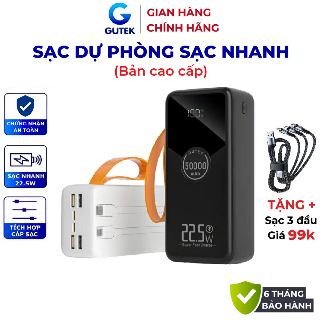 [Tặng sạc 3 đầu] Sạc dự phòng in 50000mah Sạc nhanh 22,5W dung lượng lớn có sẵn dây sạc - Gutek GT230